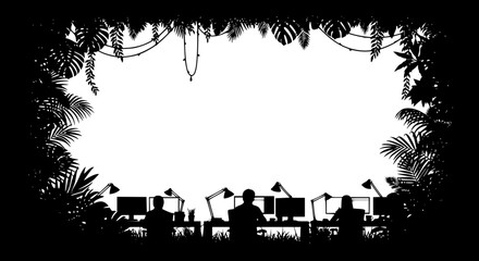 Fototapeta premium Silhouette of People Working in an Office with a Tropical Jungle Leaf Frame
