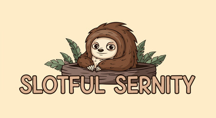Fototapeta premium Adorable fluffy sloth peeks from a log, surrounded by green leaves, with text