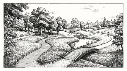 Fototapeta premium Vintage Engraving Style Public Park Landscape with Wooden Bridges and Pathways