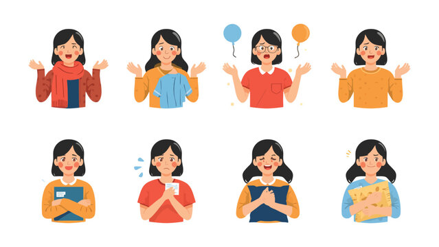 Expressing Emotions: A collection of illustrations depicting a range of emotions, from confusion and excitement to contentment and worry. Capture human expression and conveying diverse feelings.