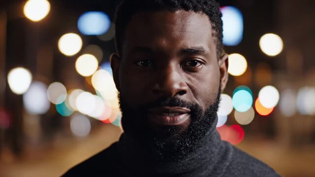 Man with beard in turtleneck at night with bokeh lights