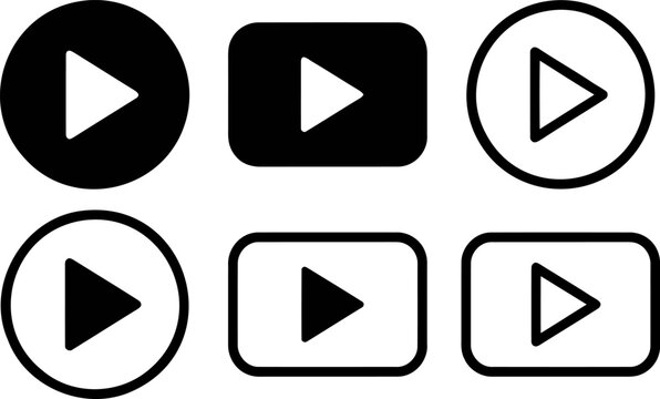 Set of six play button icons, various media player shapes, flat black vector symbols, isolated on transparent background for web interface design, multimedia controls, video streaming