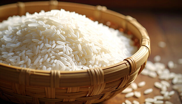 Close up view of a bowl filled with uncooked white rice on a table