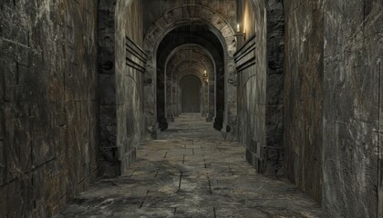 Obraz premium Discover eerie underground corridors illuminated by flickering torches in a haunting stone dungeon