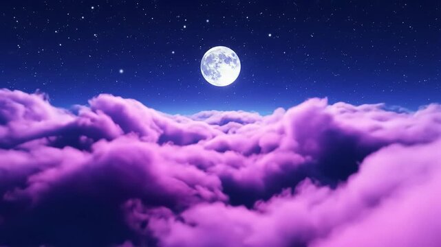 A high-angle, static video of a breathtaking sea of swirling gradient clouds, lavender to violet, luminous moon, twinkling stars, and glowing wispy clouds. Surreal painterly dreamscape