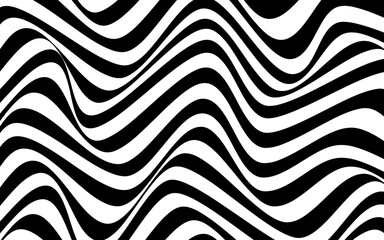 Naklejka premium Black-white wavy lines Nirmala, op art, optical illusion. Psychedelic abstract background pattern. Vector illustration of striped pattern with optical illusion 