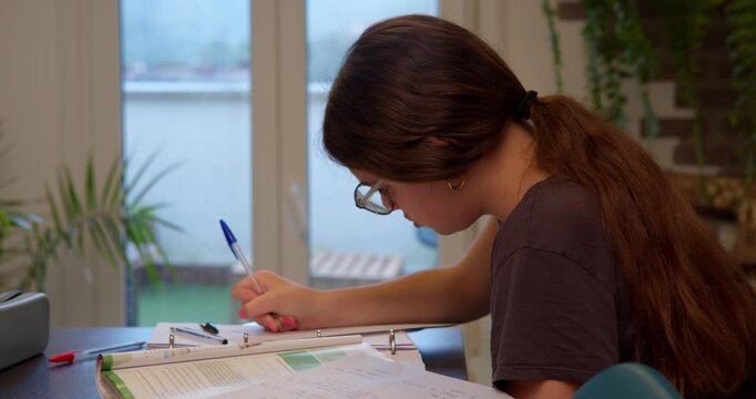 Focus of a Student: A focused student diligently studies, engrossed in her books, pen in hand, as natural light fills the space, creating a setting of scholarly pursuit.