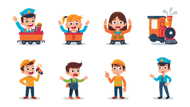 Kids and Train Illustration: Charming illustrations of children embodying diverse professions associated with a train, exuding the charm of childhood and the allure of railway adventure.