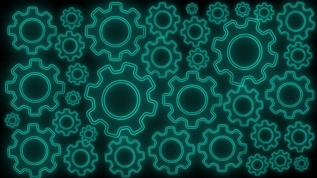 Spinning gear animation. glowing neon settings icon. Glowing neon line setting icon with spinning gears icon animation.
