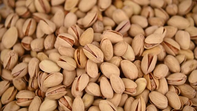 Hands scooping roasted pistachios from large pile of nuts