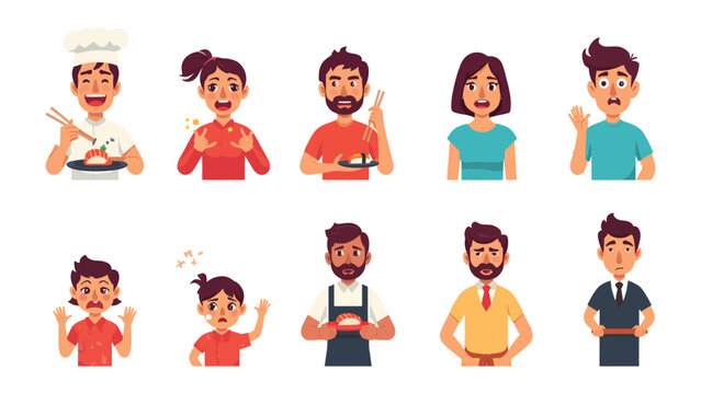 Culinary Expressions: A vibrant array of illustrations captures a spectrum of emotions associated with culinary experiences, showcasing diverse individuals' reactions to food.