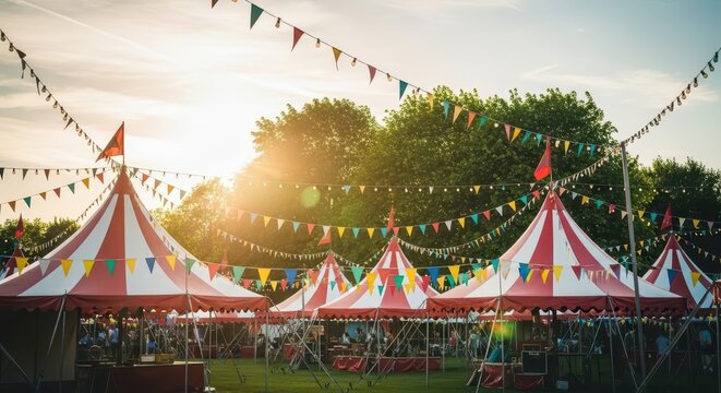 Colorful circus tents stand in a grassy field during a sunny afternoon.
