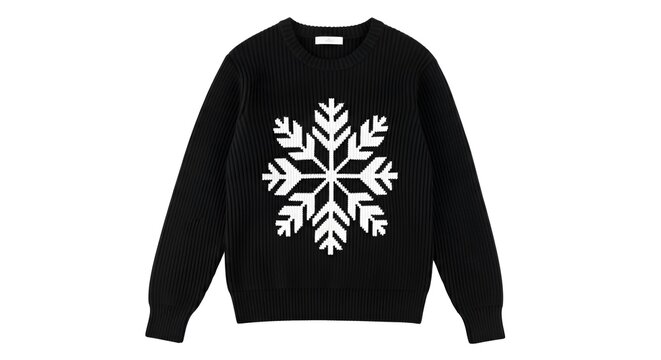black knit sweater with white snowflake pattern isolated on white background