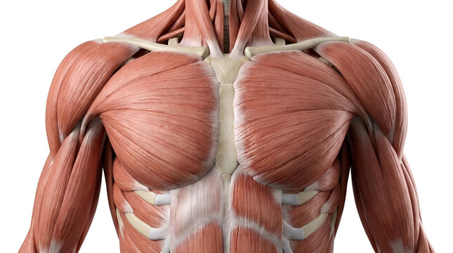 The muscular anatomy of a human upper body is displayed in detail.