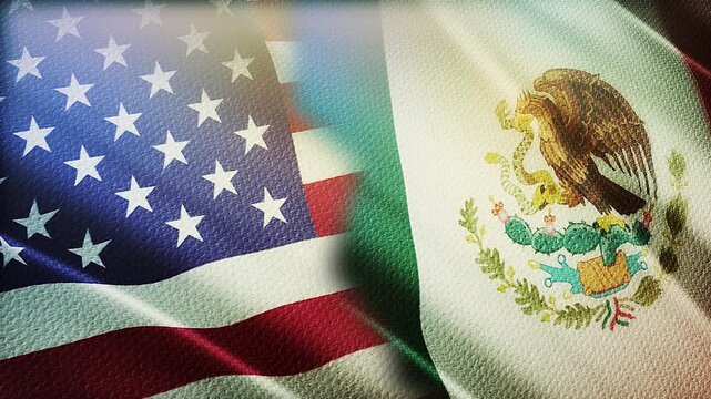 USA and Mexico Flags Waving Side by Side in Wind &ndash; International Relations, Diplomacy and North America Partnership

