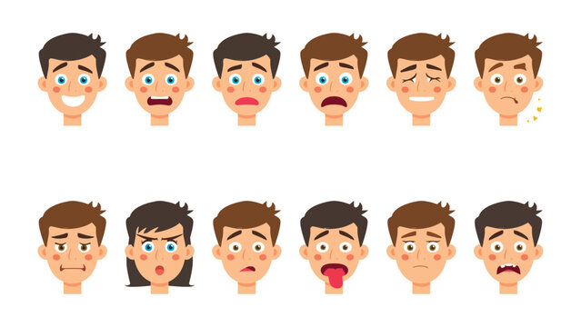 Expressing Emotional Spectrum: A series of illustrations of different men's face depicting a range of emotions, from joy and confusion to anger and sadness.