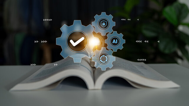 An open book surrounded by glowing gears and a check mark, representing the integration of knowledge, technology, and artificial intelligence in modern education and learning landscapes. Gantry