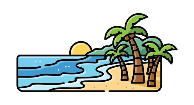 Palm trees on sandy beach shore.