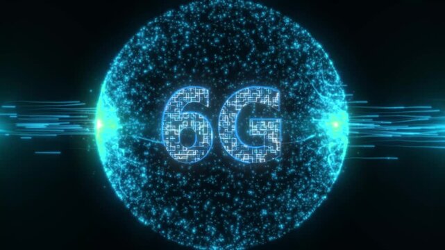 Abstract 6G logo reveal with skyblue particles effect on black background for digital marketing branding design elements.