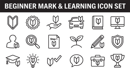 Fototapeta premium Beginner mark and learning icon set featuring education and training symbols isolated on transparent background vector illustration