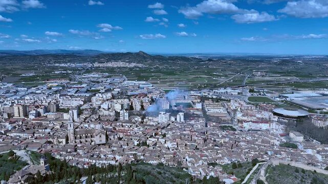 Aerial Drone View of Las Fallas Celebration in Xativa Spain
