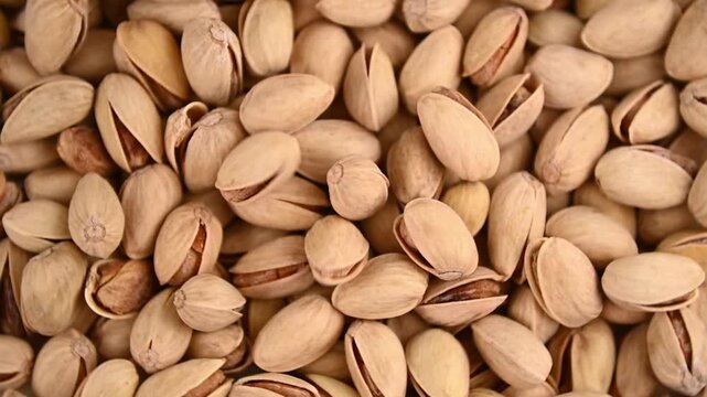 Pistachio nuts pouring and tumbling into pile on tabletop