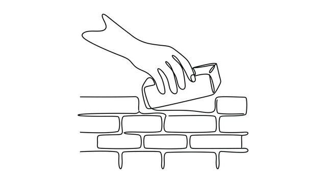 continuous line drawing A hand building a brick wall.
