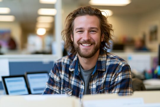Finance analyst candidate smiling during interview in modern corporate office