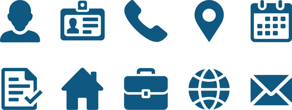 Personal information icon set for user profile, contact details, account management and identity card, vector illustration collection for UI/UX design and data management elements.
