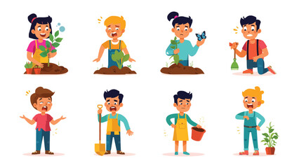 Fototapeta premium Kids in the garden: A vibrant illustration depicts a series of charming kids engaged in the joyful activity of gardening, showing diverse emotion and expressions.
