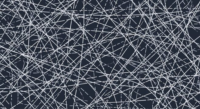 Intricate web of very thin white intersecting lines and dashed paths on a deep dark blue solid background.