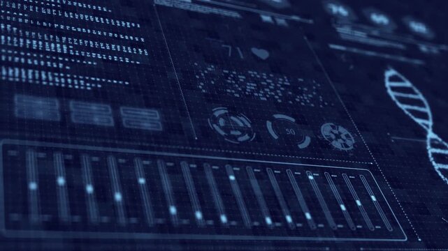 DNA Helix analysis visualization data, genome sequence ui screen, futuristic genetic engineering lab infographic interface, 3D biotechnology scan report dashboard, medical science technology backgound