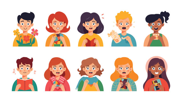 Youthful Spectrum: A vibrant collection of diverse faces reflecting varied emotions, from cheerful contentment to astonished delight, illustrating the rich tapestry of human expression.
