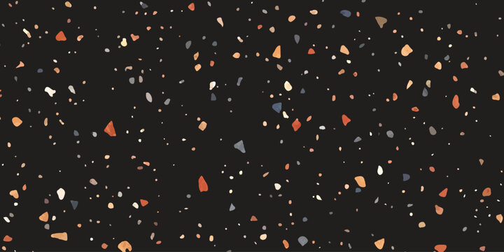 Abstract terrazzo pattern with colorful stone chips on a dark black background