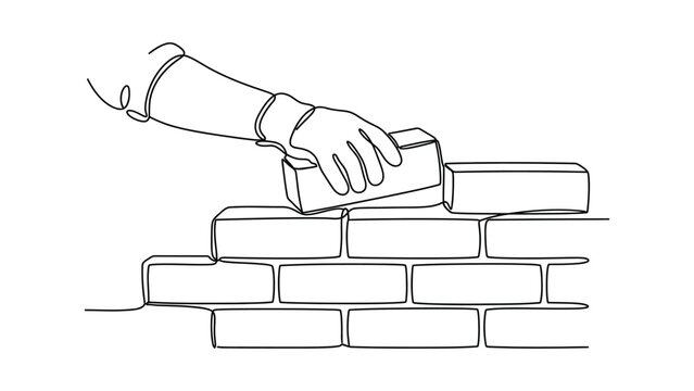 continuous line drawing A hand placing a brick on a wall.