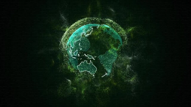 Green digital globe network background particle continents, glowing orbit ring, data lines, dark cyber texture. global technology , internet maps, data security intros, science reports, motion