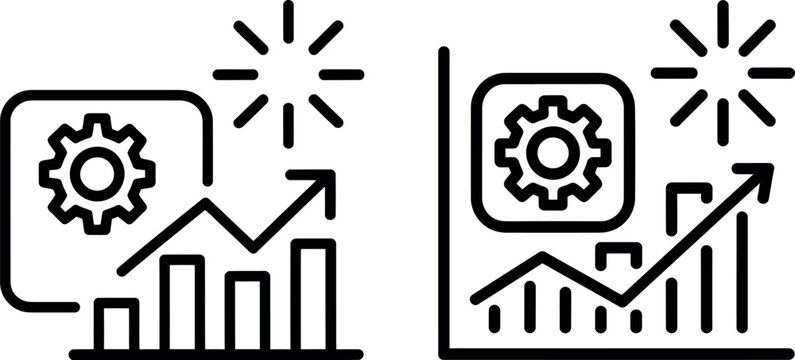Business growth and process optimization icons featuring bar charts with upward trending arrows and technical gear symbols for data analysis reports