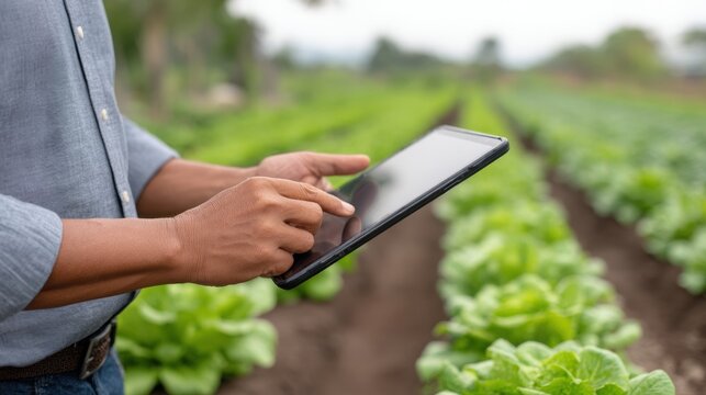 Male farmer using tablet to monitor crop growth in lush green lettuce field with rows of plants and blurred background of agricultural landscape