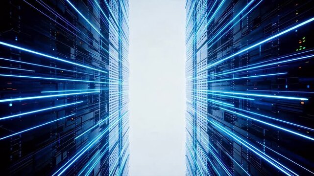 Futuristic blue light beams in data center