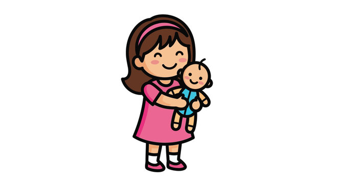 Little girl holding cute doll close.