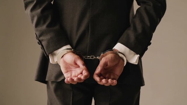 Man in suit handcuffed behind back. Focus on hands and cuffs. Neutral expression, no visible face. Represents arrest, legal trouble, or corporate scandal. Can be used in news, documentaries