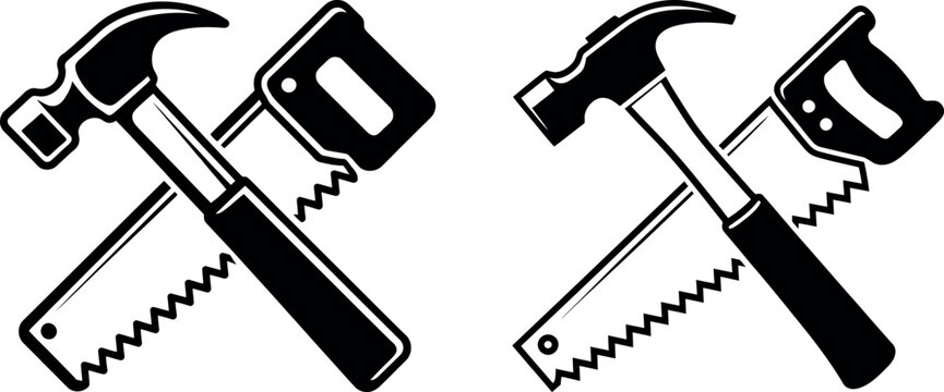 Crossed hammer and hand saw vector illustration for construction and carpentry tools with home improvement black and white line art carpentry