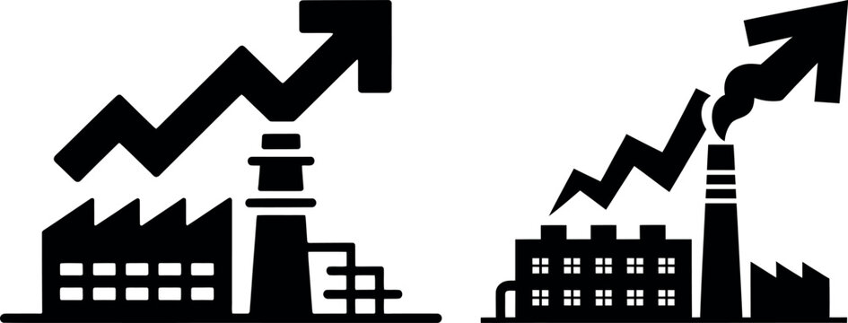 Vector icons of factories with upward trending arrows and smoke stacks industry progress illustration silhouette business manufacturing