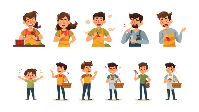 Culinary Delights and Reactions: A vibrant collection of individuals in various stages of culinary preparation and immediate reactions, showing range of experiences. 