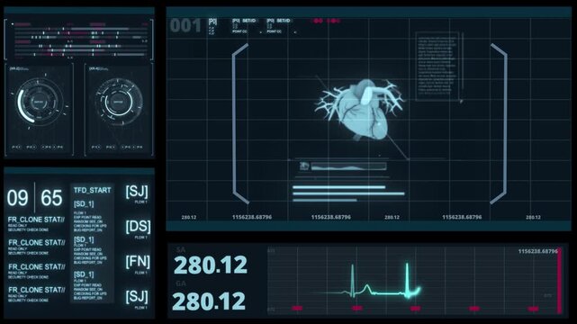 Anatomically correct blue digital human heart seamless loop. Futuristic particle cardiac computer tomography scan with rotation looping 3D render. MRI future, disease, health and medical concept
