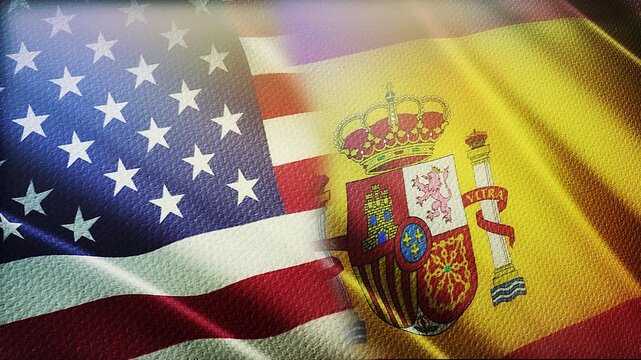 USA and Spain Flags Waving Side by Side in Wind &ndash; International Partnership, Diplomacy and Global Relations
