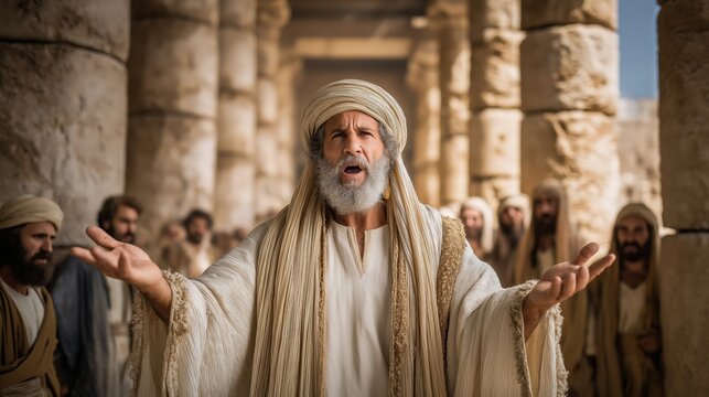 Jeremiah standing at the entrance of the temple in jerusalem raising his voice toward worshippers entering with offerings under harsh daylight and tension-filled confrontation.