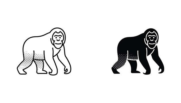 Gorilla silhouette icon set featuring primate design with halftone dot texture in outline and solid black styles for animal branding