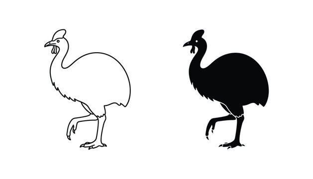 Stylized cassowary bird outline and solid silhouette for wildlife and exotic themes