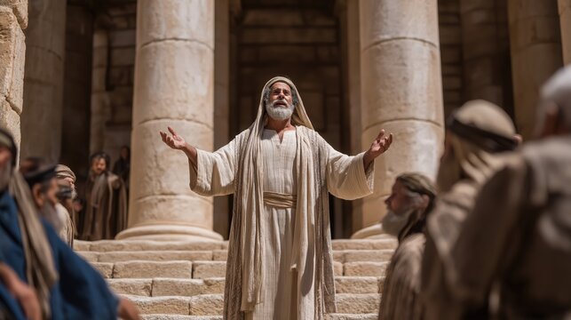 Jeremiah standing at the entrance of the temple in jerusalem raising his voice toward worshippers entering with offerings under harsh daylight and tension-filled confrontation.
